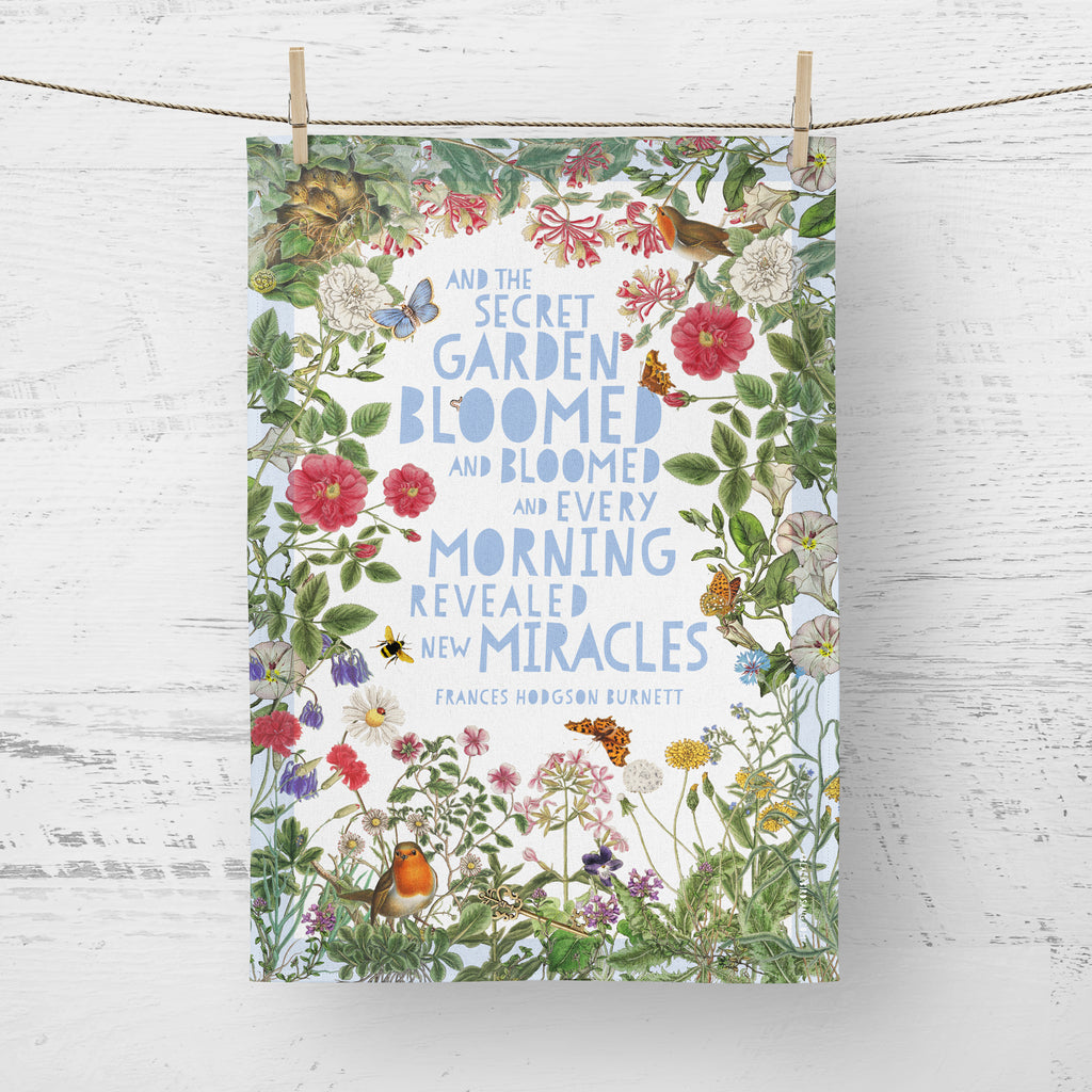 Tea towel The Secret Garden with flower border, Robin, and hidden key...
